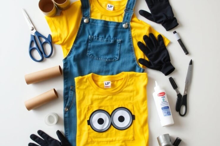 Materiały potrzebne do zrobienia stroju Minionka rozłożone na stole