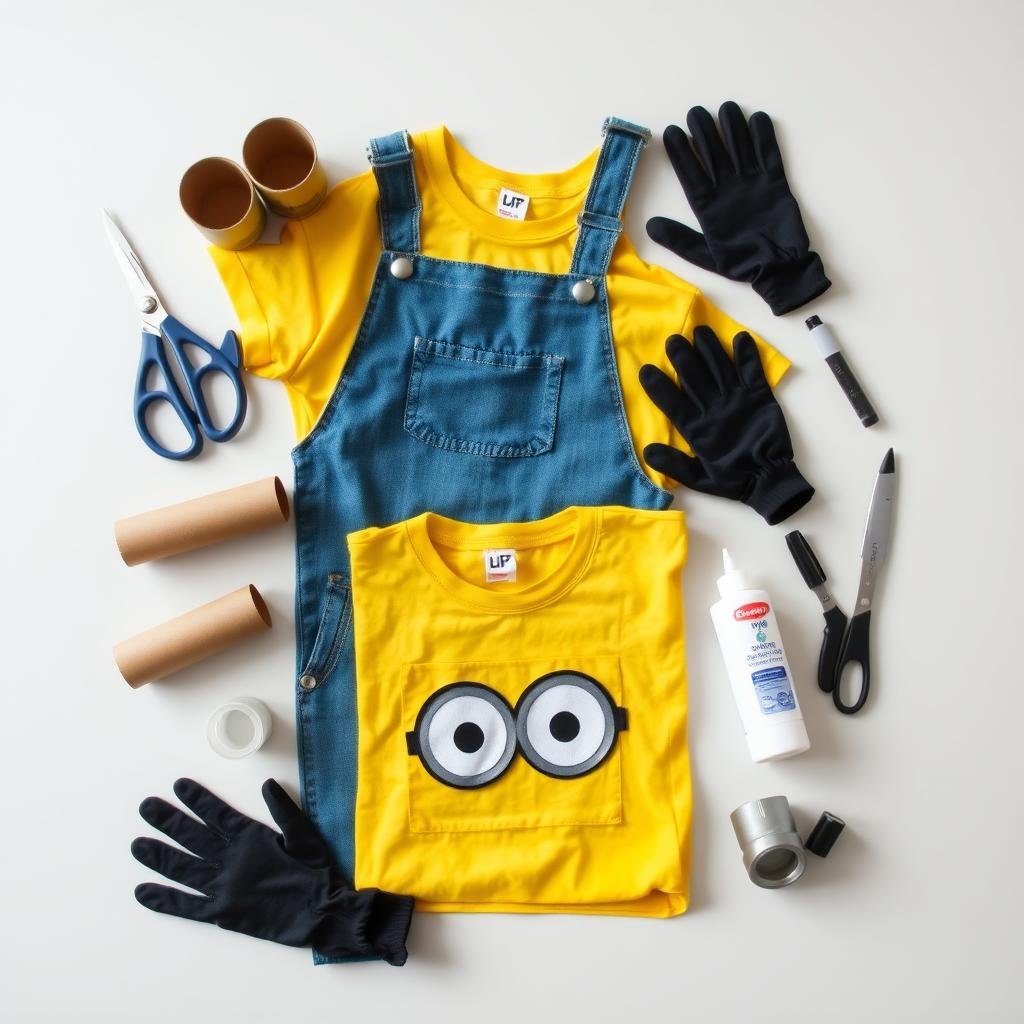 Materiały potrzebne do zrobienia stroju Minionka rozłożone na stole