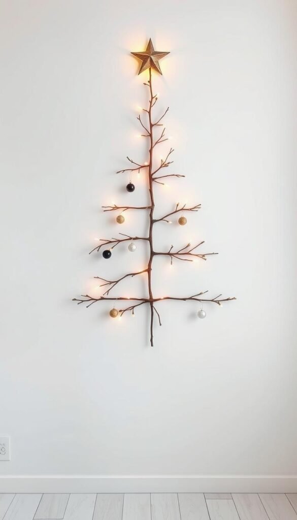 Minimalistyczna choinka DIY z gałązek na ścianie z małymi ozdobami Minimalistyczna choinka DIY z gałązek na ścianie z małymi ozdobami