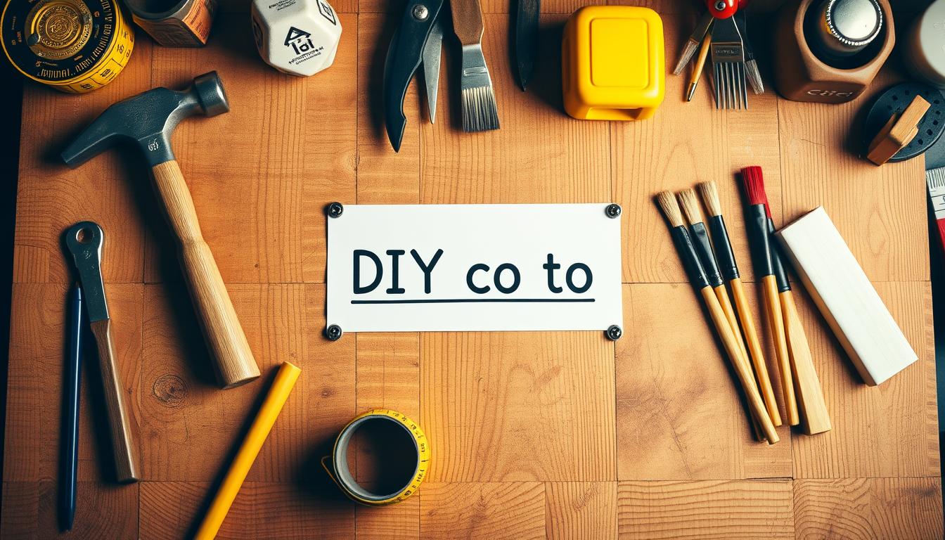 Napis DIY co to z narzędziami DIY rozłożonymi na drewnianym stole