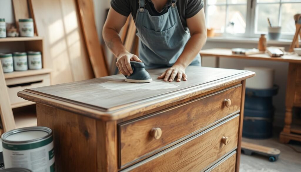 Osoba odnawiająca stary mebel w stylu DIY Osoba odnawiająca stary mebel w stylu DIY