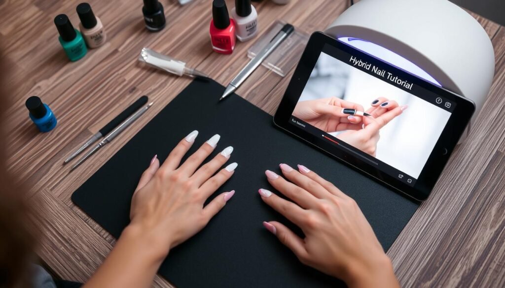 Osoba oglądająca tutorial o paznokciach hybrydowych na tablecie podczas ćwiczenia techniki na sztucznych tipsach Osoba oglądająca tutorial o paznokciach hybrydowych na tablecie podczas ćwiczenia techniki na sztucznych tipsach