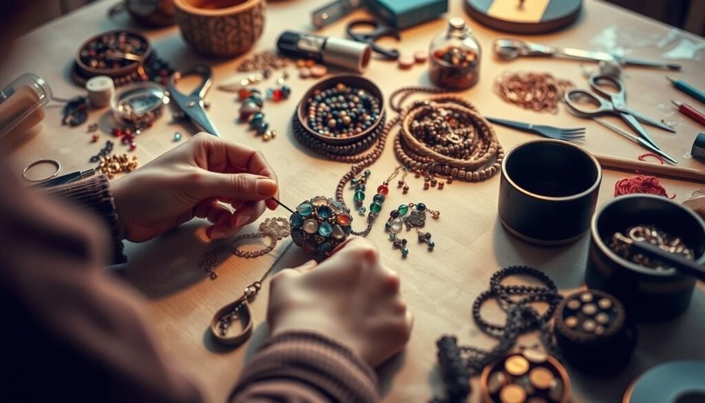 Osoba tworząca bransoletkę DIY - zbliżenie na ręce pracujące z koralikami i narzędziami