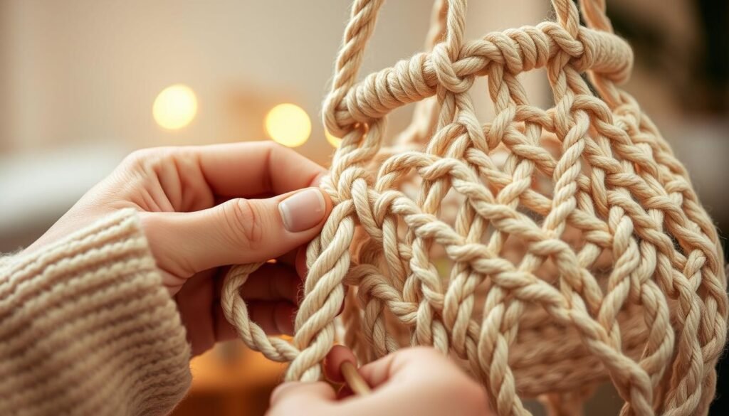 Osoba tworząca makramę diy - zbliżenie na ręce wiążące węzły Osoba tworząca makramę diy - zbliżenie na ręce wiążące węzły