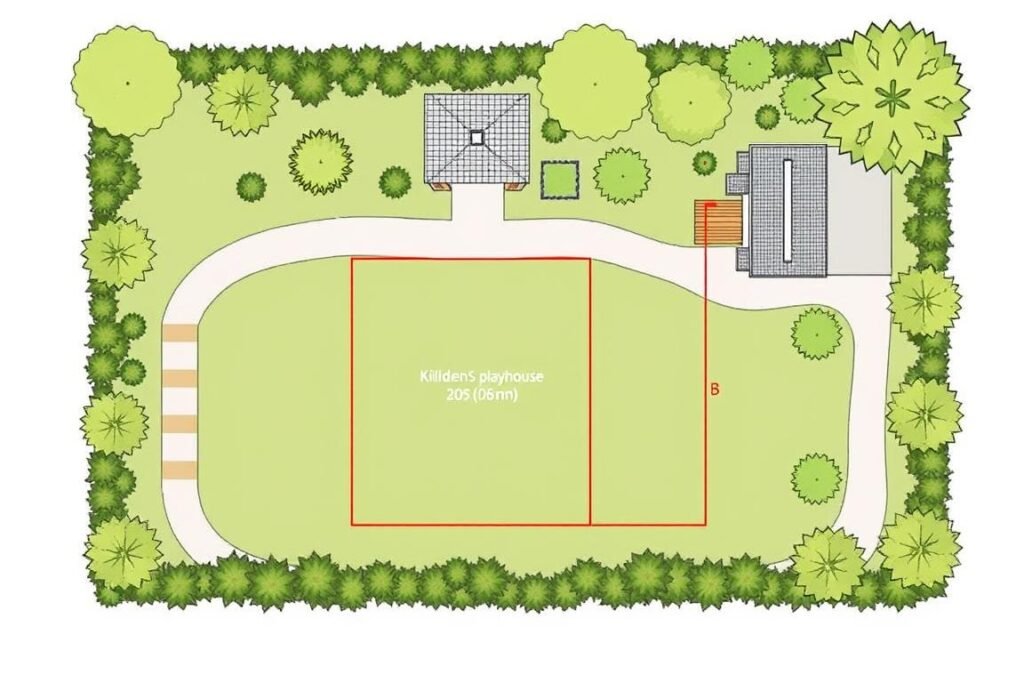 Plan ogrodu z zaznaczonym miejscem na domek dla dzieci, projekty domku dla dzieci