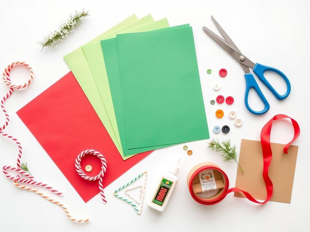 Podstawowe materiały do tworzenia kartek świątecznych DIY - kolorowe papiery, nożyczki, klej, ozdoby