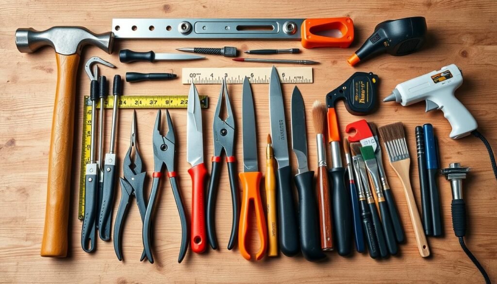 Podstawowy zestaw narzędzi DIY rozłożony na stole Podstawowy zestaw narzędzi DIY rozłożony na stole
