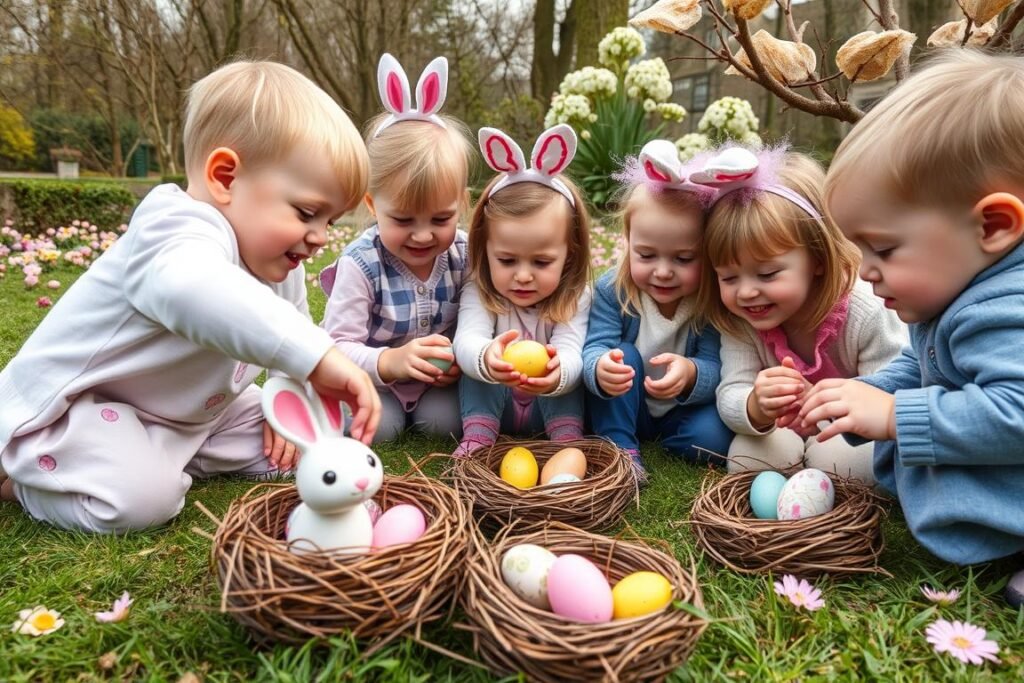 Polskie dzieci podczas polowania na jajka (egg hunt) z elementami międzynarodowych tradycji