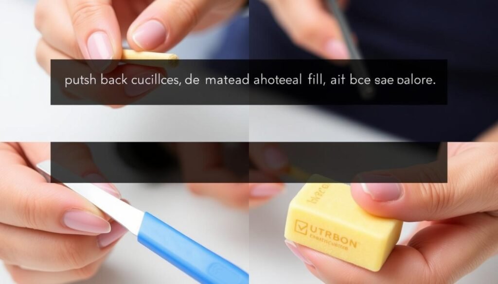 Proces przygotowania płytki paznokcia do manicure hybrydowego - odsuwanie skórek, piłowanie i matowienie Proces przygotowania płytki paznokcia do manicure hybrydowego - odsuwanie skórek, piłowanie i matowienie