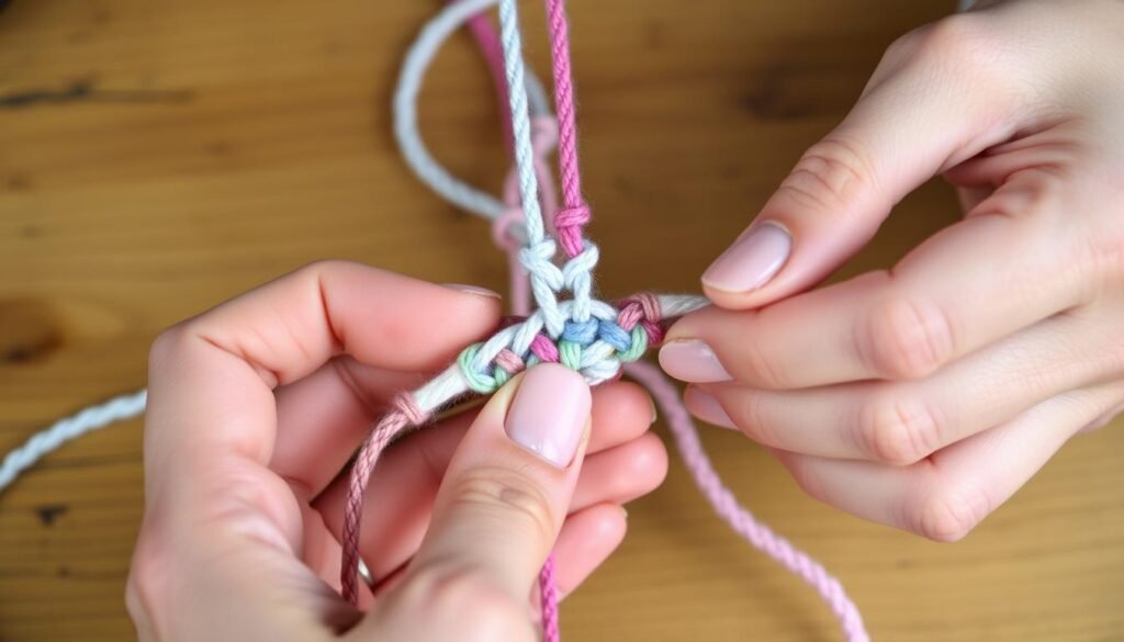 Proces tworzenia bransoletki makrama DIY - ręce wiążące podstawowe węzły makramowe
