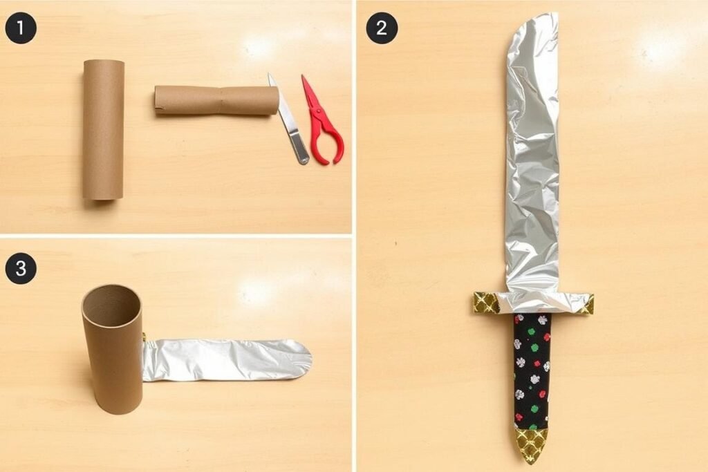 Proces tworzenia szabli pirata z rolki po papierze i folii aluminiowej Proces tworzenia szabli pirata z rolki po papierze i folii aluminiowej
