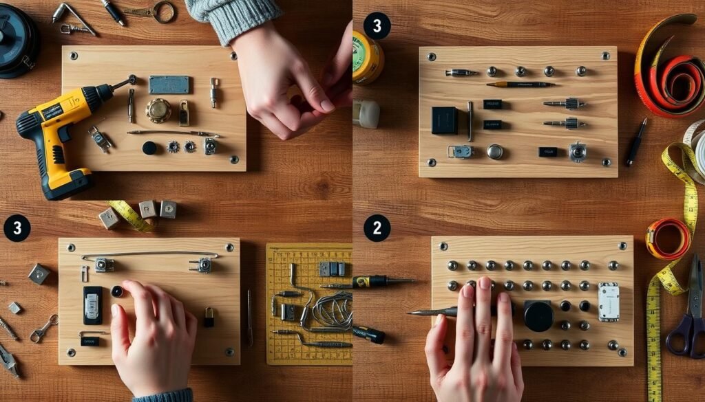 Proces tworzenia tablicy manipulacyjnej DIY - montaż elementów Proces tworzenia tablicy manipulacyjnej DIY - montaż elementów