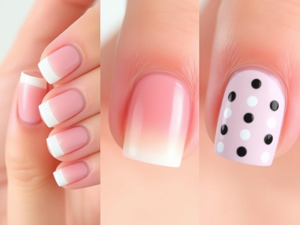 Przykłady prostych zdobień paznokci hybrydowych dla początkujących - french manicure, ombre i kropki Przykłady prostych zdobień paznokci hybrydowych dla początkujących - french manicure, ombre i kropki