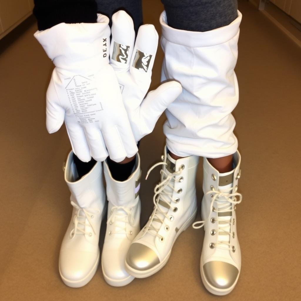 Rękawice i buty astronauty wykonane z białych rękawiczek i butów ozdobionych folią aluminiową Rękawice i buty astronauty wykonane z białych rękawiczek i butów ozdobionych folią aluminiową