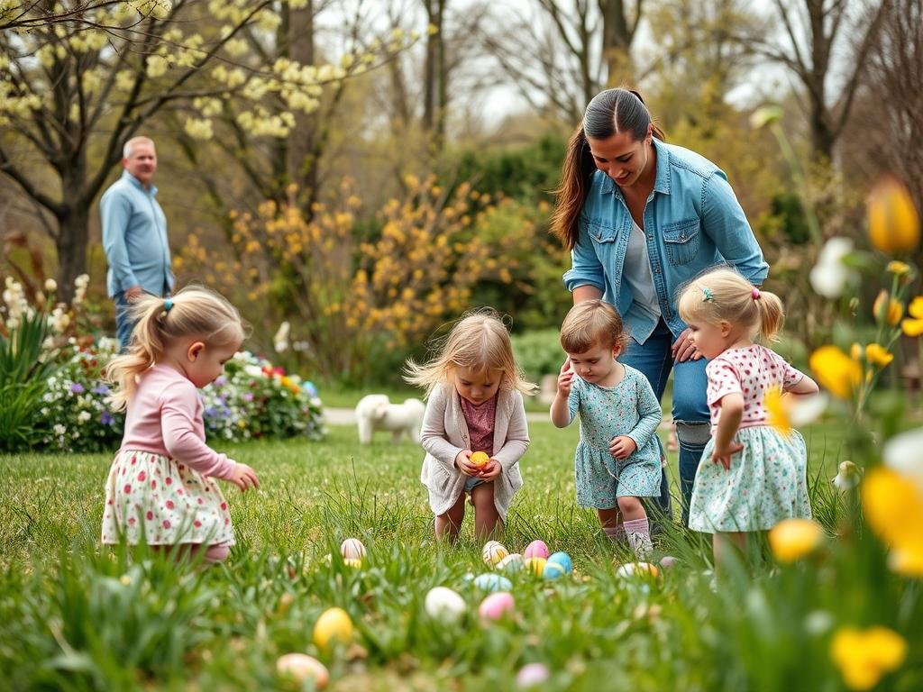 Rodzice nadzorujący dzieci podczas polowania na jajka wielkanocne (egg hunt)