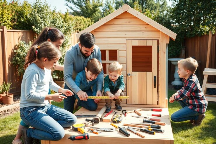 Rodzina wspólnie budująca drewniany domek dla dzieci w ogrodzie, projekty domku dla dzieci