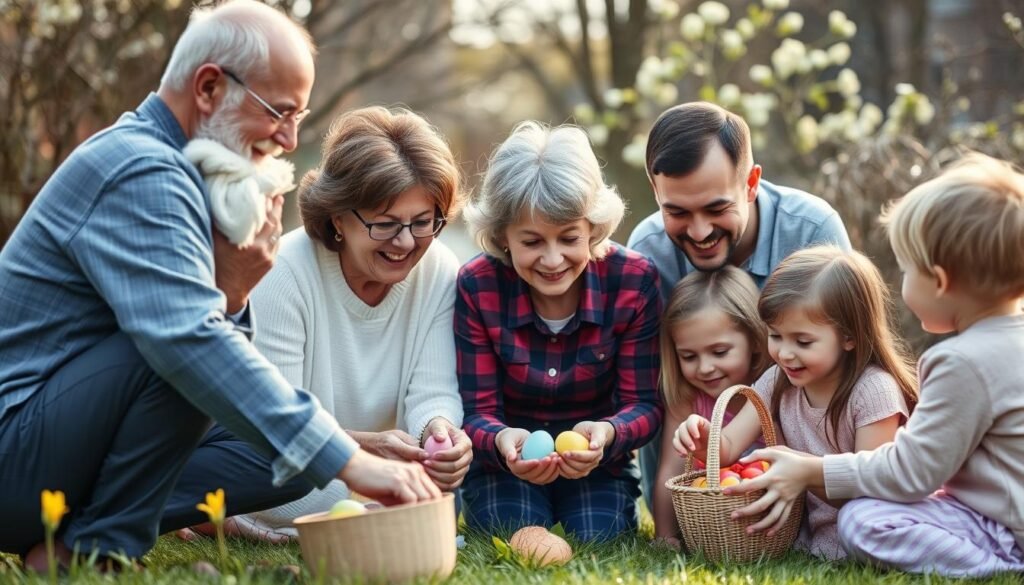 Rodzina wspólnie ciesząca się z polowania na jajka wielkanocne (egg hunt)