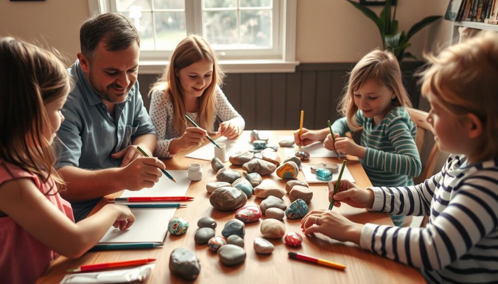 Rodzina wspólnie malująca kamienie - aktywność łącząca pokolenia