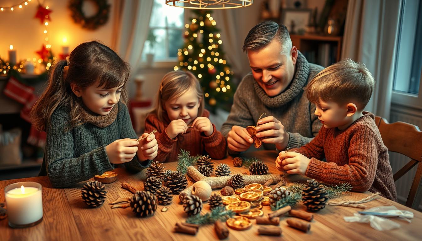 Rodzina wspólnie tworząca ozdoby świąteczne DIY przy stole