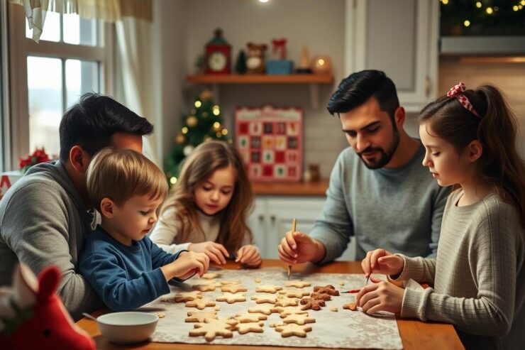 Rodzina wspólnie wykonująca zadanie z kalendarza adwentowego - dekorowanie pierniczków