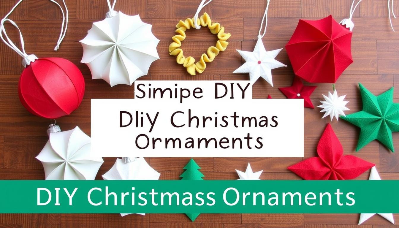 Różne proste ozdoby choinkowe DIY ułożone na stole - bombki z papieru, łańcuchy z makaronu i ozdoby z filcu