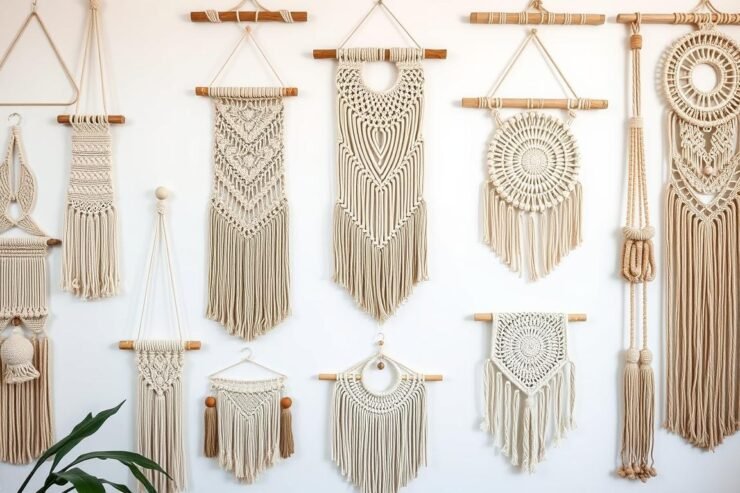 Różne rodzaje makram DIY zawieszone na ścianie w stylu boho