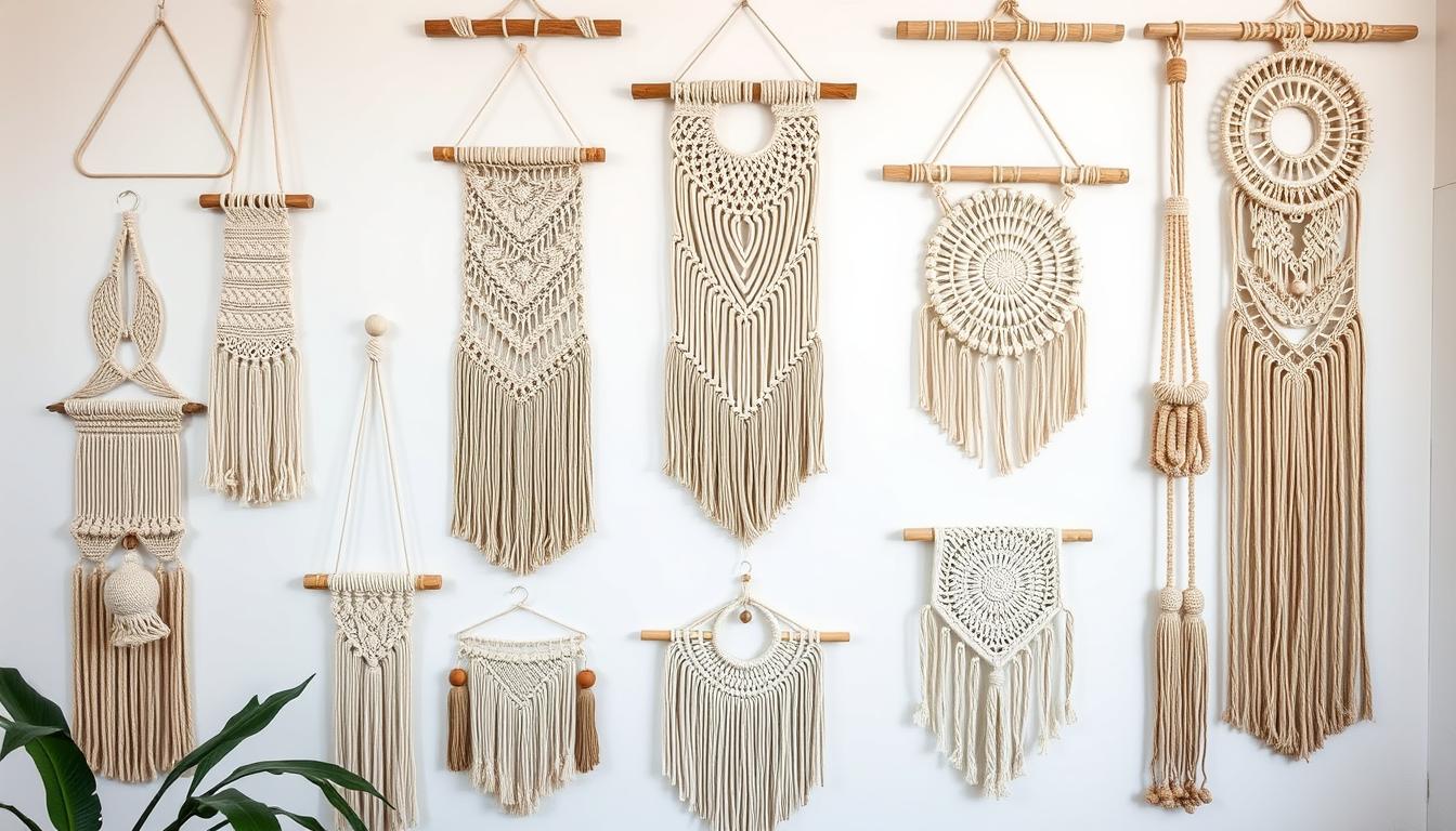 Różne rodzaje makram DIY zawieszone na ścianie w stylu boho