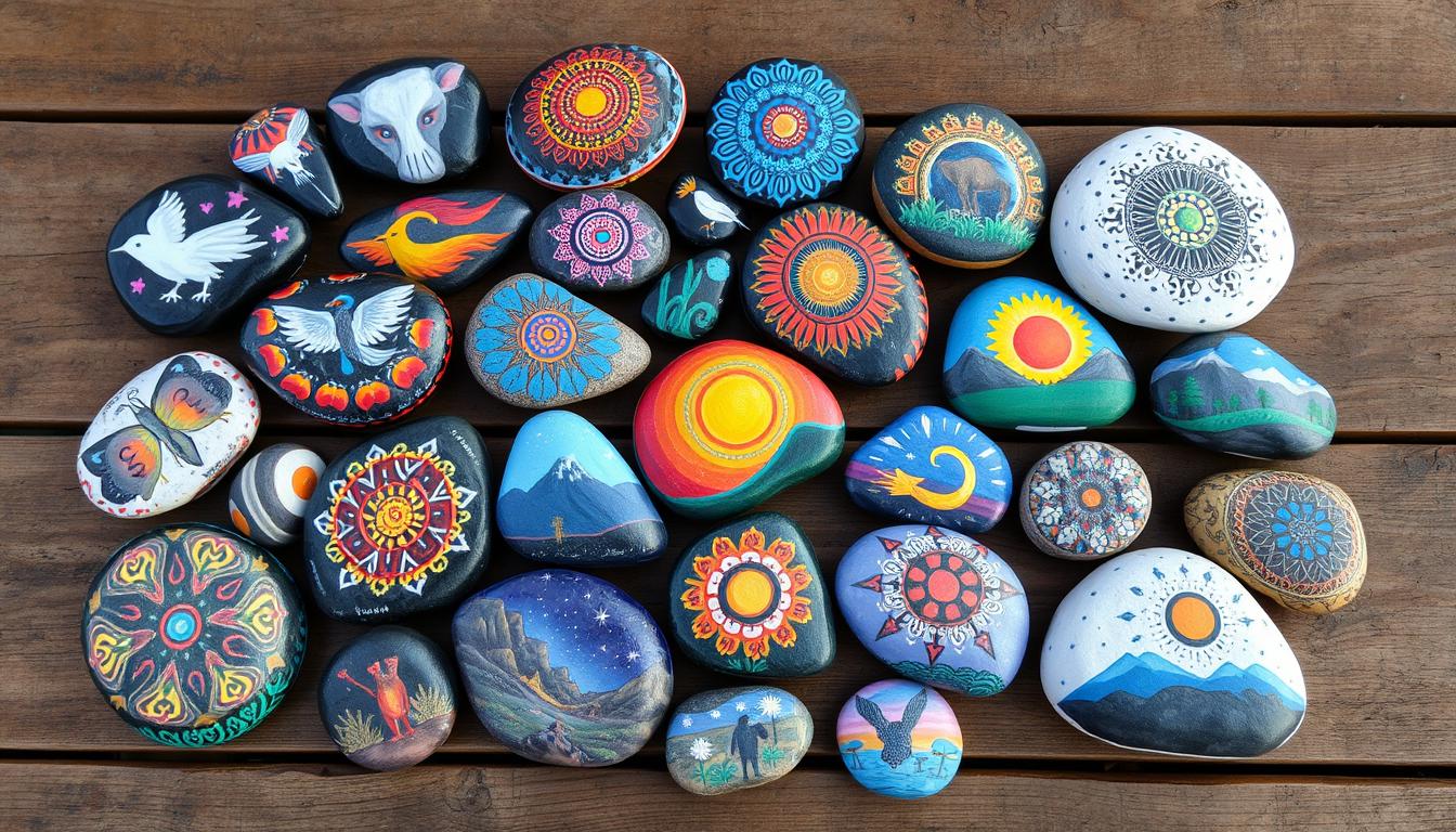 Różnorodne malowane kamienie ułożone na drewnianym stole, prezentujące różne techniki i wzory malowania kamieni