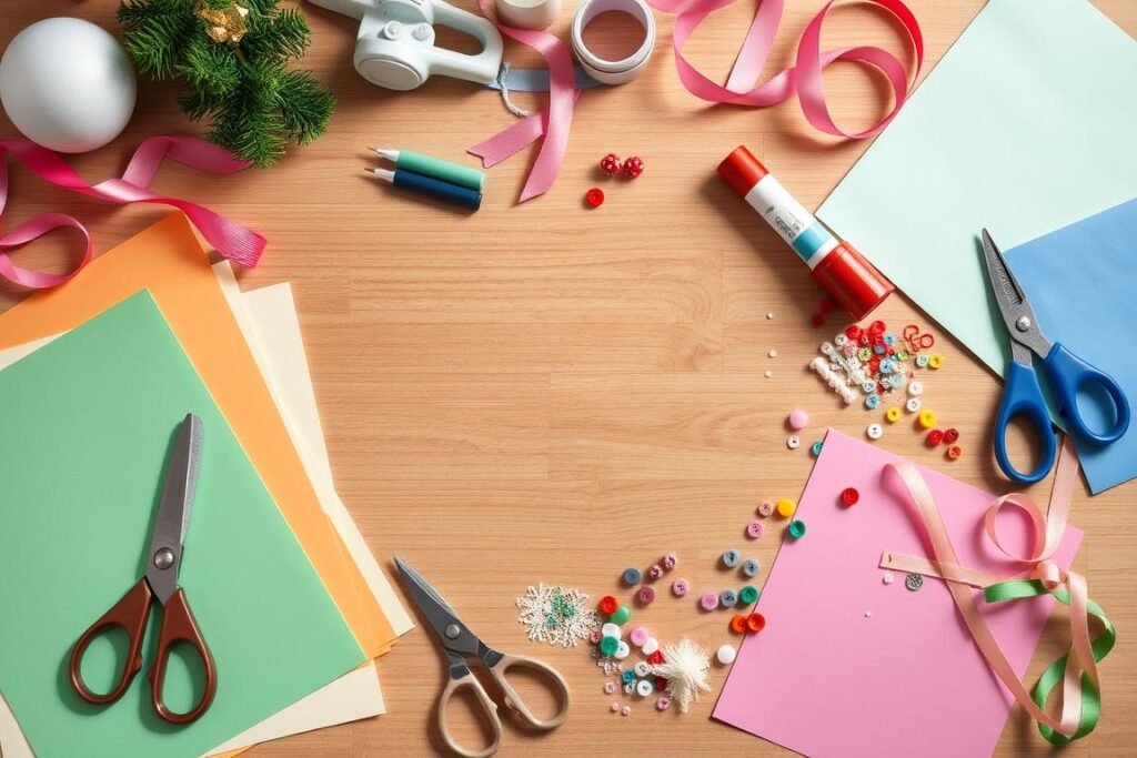 Różnorodne materiały do zadań kreatywnych - papier, ozdoby, klej, nożyczki