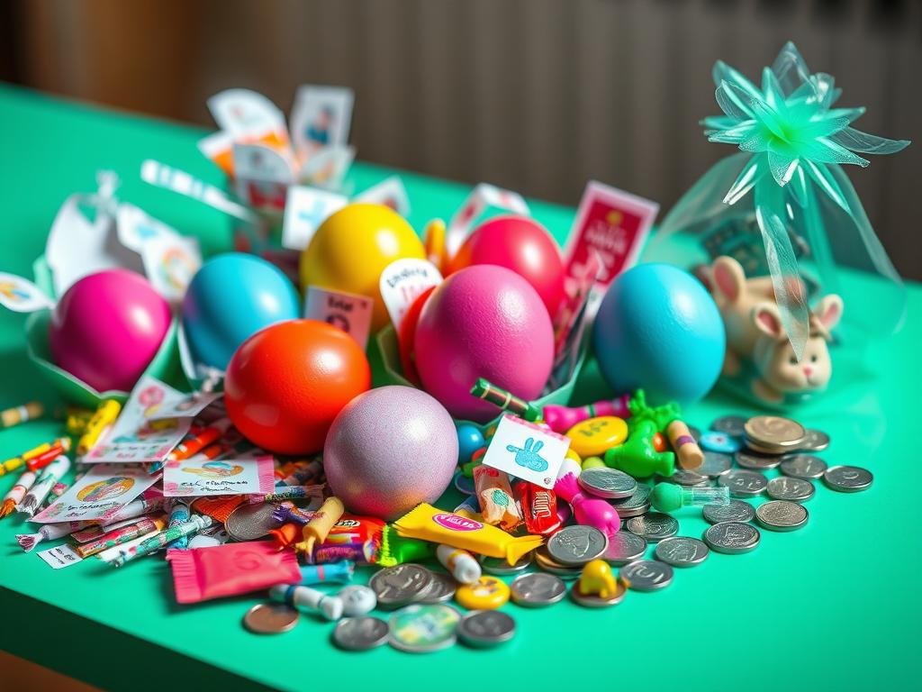 Różnorodne nagrody do wypełnienia jajek na polowanie wielkanocne (egg hunt)