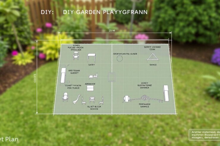 Schemat planowania placu zabaw w ogrodzie zrób to sam z zaznaczonymi strefami i wymiarami