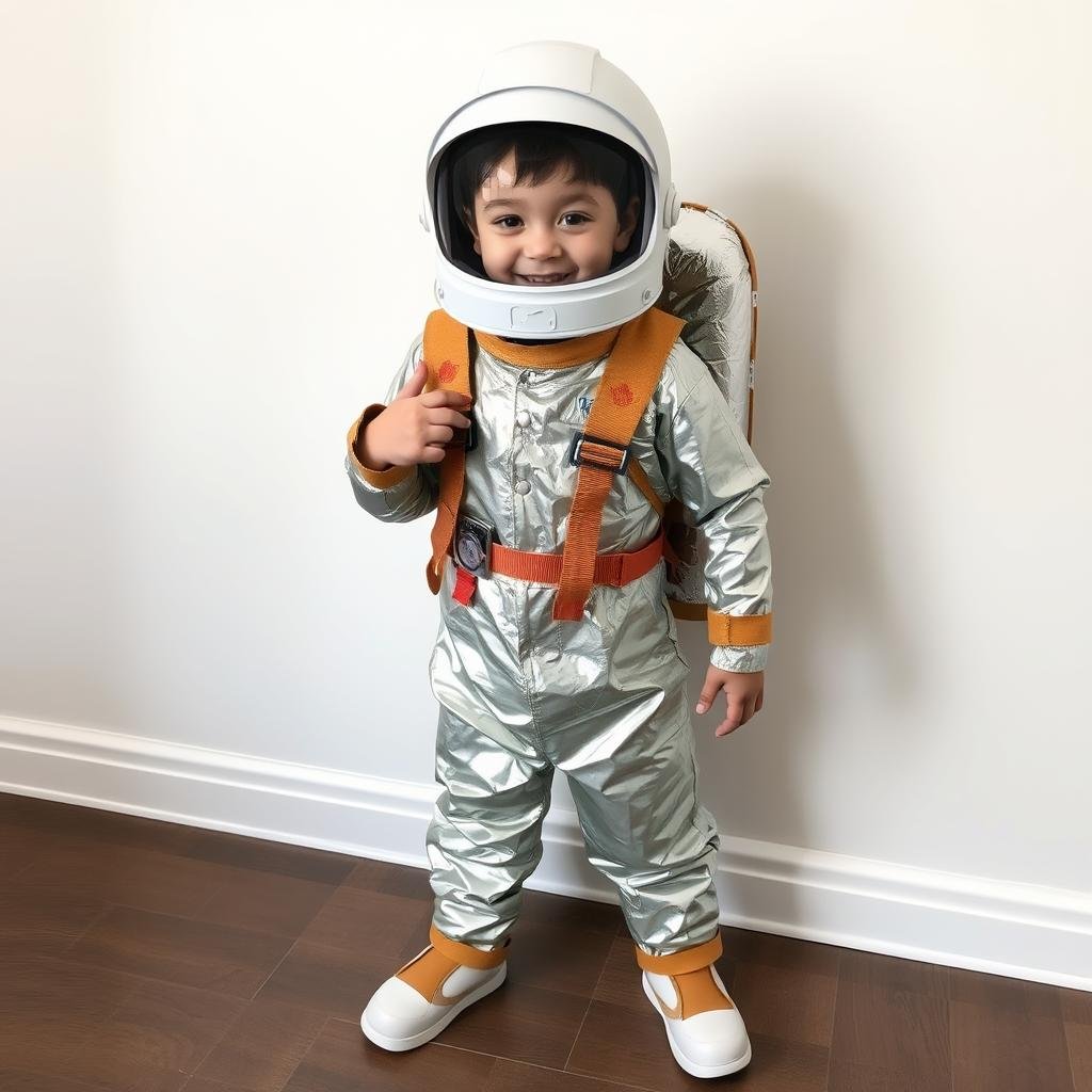 Strój astronauty z kartonu i folii aluminiowej dla małego dziecka Strój astronauty z kartonu i folii aluminiowej dla małego dziecka