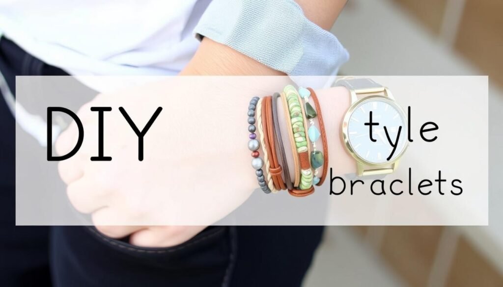 Stylizacja z bransoletkami DIY - kilka różnych bransoletek na nadgarstku w połączeniu z zegarkiem