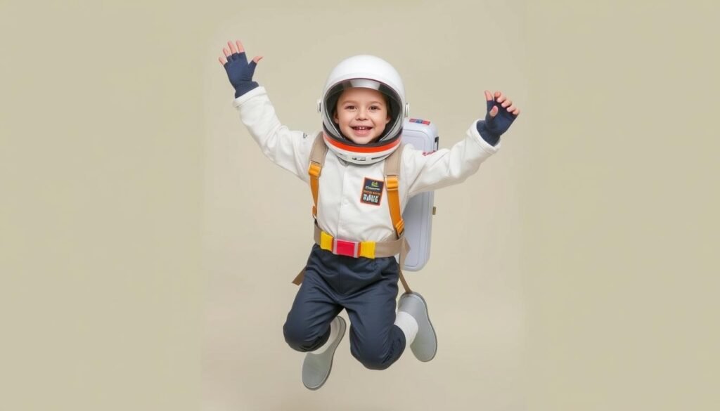Szczęśliwe dziecko w kompletnym stroju astronauty wykonanym z materiałów z recyklingu Szczęśliwe dziecko w kompletnym stroju astronauty wykonanym z materiałów z recyklingu