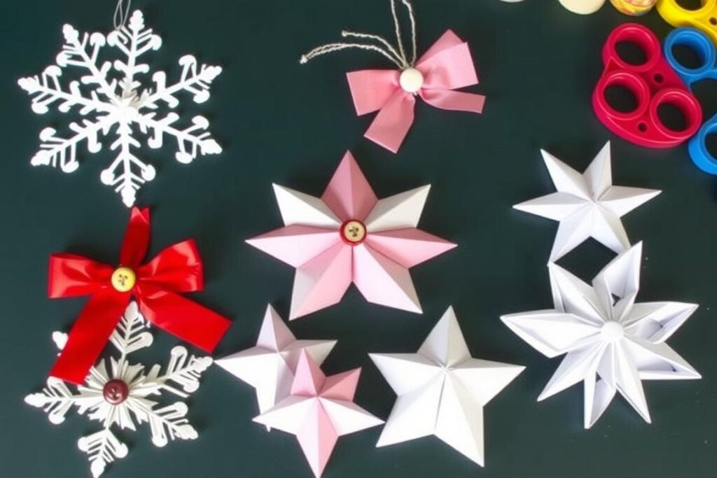Szybkie ozdoby choinkowe DIY wykonane z papieru, wstążek i guzików Szybkie ozdoby choinkowe DIY wykonane z papieru, wstążek i guzików