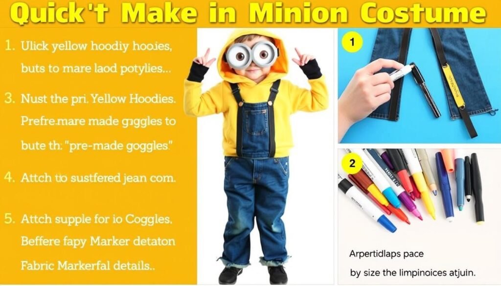 Szybkie triki przy tworzeniu stroju Minionka - kolaż zdjęć pokazujących różne etapy