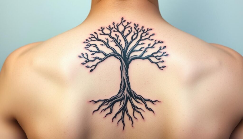 Tatuaż drzewa życia z korzeniami i koroną symbolizujący równowagę
