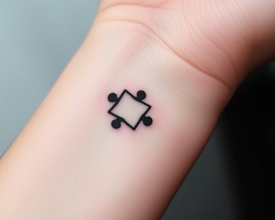 Tatuaż puzzle na nadgarstku, minimalistyczny design
