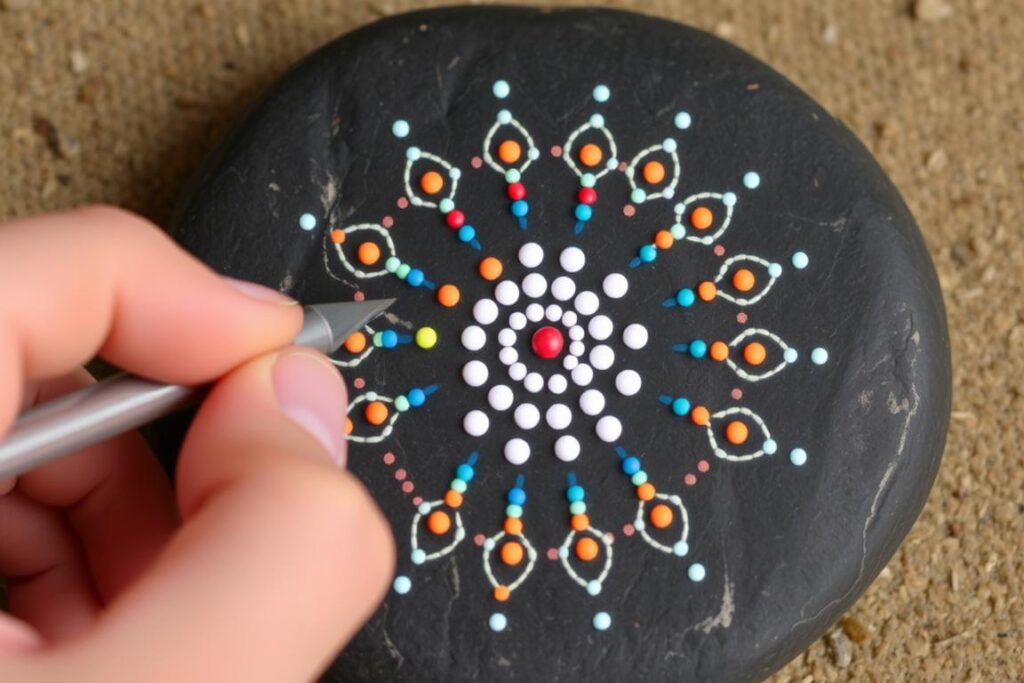 Technika kropkowania (dotting) w malowaniu kamieni - przykład mandali