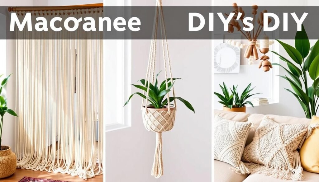 Trzy różne zastosowania makramy diy: zasłona, kwietnik i poduszka Trzy różne zastosowania makramy diy: zasłona, kwietnik i poduszka