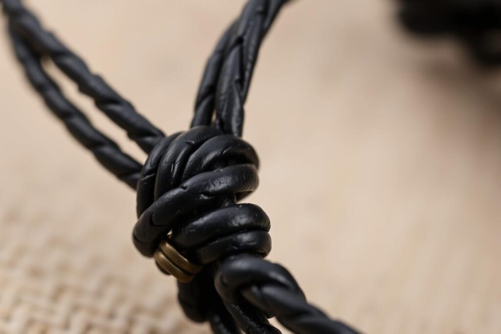 Zbliżenie na węzeł i metalowe elementy w męskiej bransoletce DIY