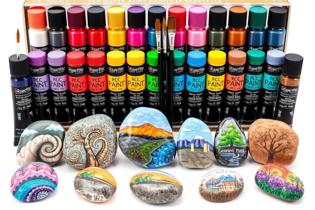 Zestaw farb akrylowych do malowania kamieni z przykładowymi malowanymi kamieniami