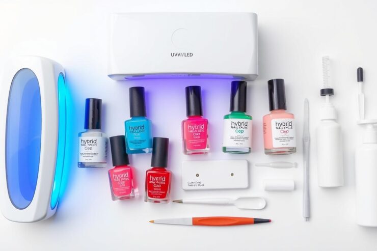 Zestaw produktów do wykonania paznokci hybrydowych, zawierający lampę UV/LED, lakiery hybrydowe, bazę, top i akcesoria do manicure