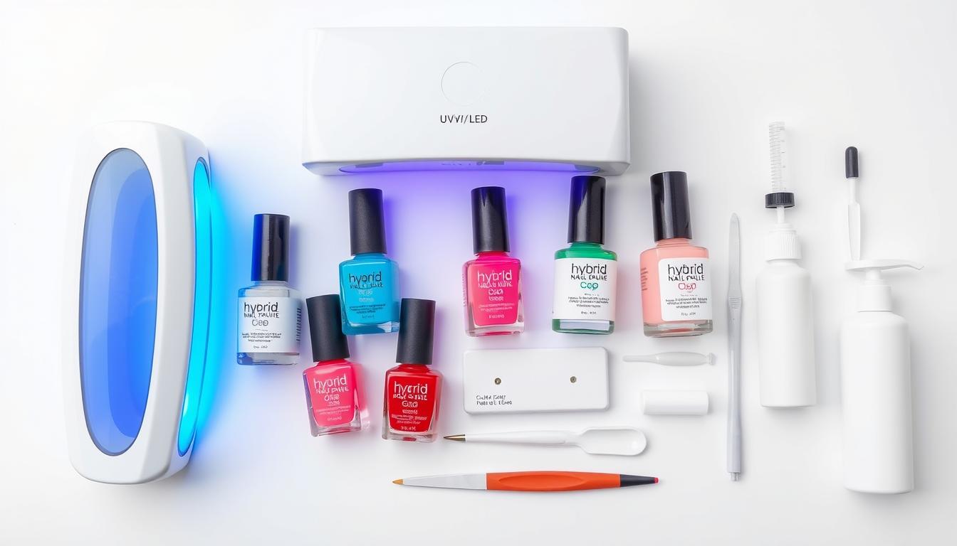 Zestaw produktów do wykonania paznokci hybrydowych, zawierający lampę UV/LED, lakiery hybrydowe, bazę, top i akcesoria do manicure