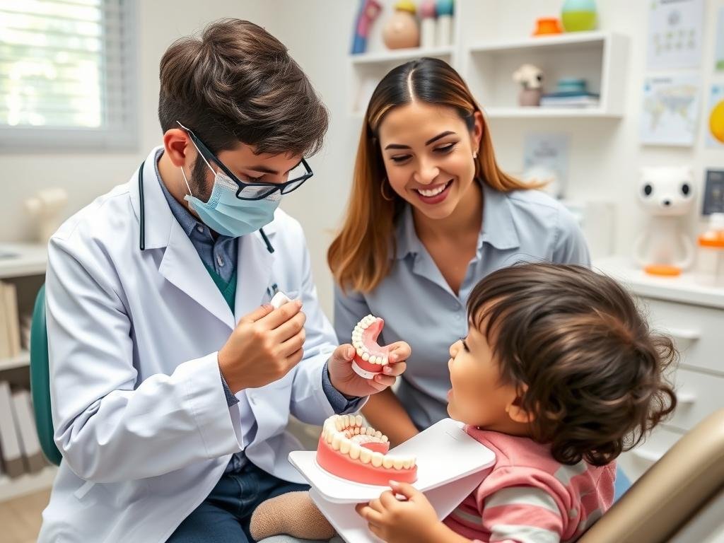 Dentysta pokazujący dziecku model szczęki i tłumaczący wpływ smoczka na zęby Dentysta pokazujący dziecku model szczęki i tłumaczący wpływ smoczka na zęby