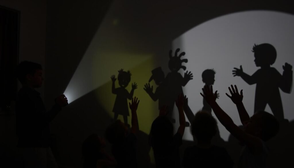 Dzieci tworzące teatr cieni jako element planu dnia dziecka w domu Dzieci tworzące teatr cieni jako element planu dnia dziecka w domu