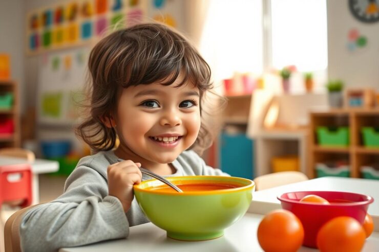 Dziecko jedzące zupę pomidorową w przedszkolu