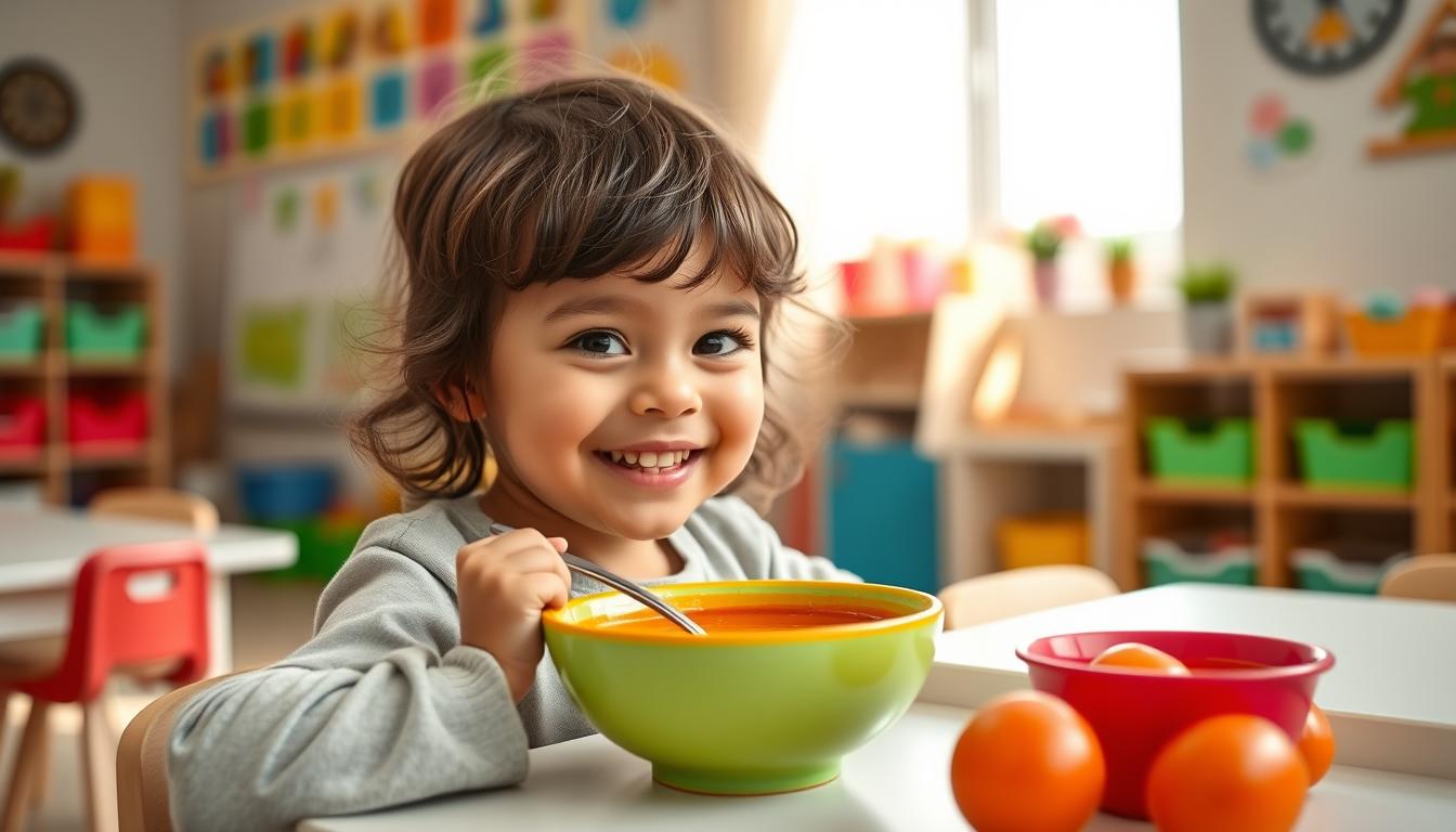 Dziecko jedzące zupę pomidorową w przedszkolu