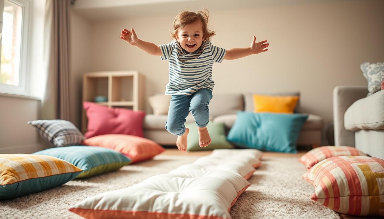 Dziecko pokonujące domowy tor przeszkód z poduszek