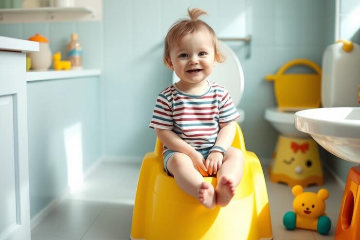 Dziecko siedzące na kolorowym nocniku z uśmiechem na twarzy - jak zachęcić dziecko do nocnika